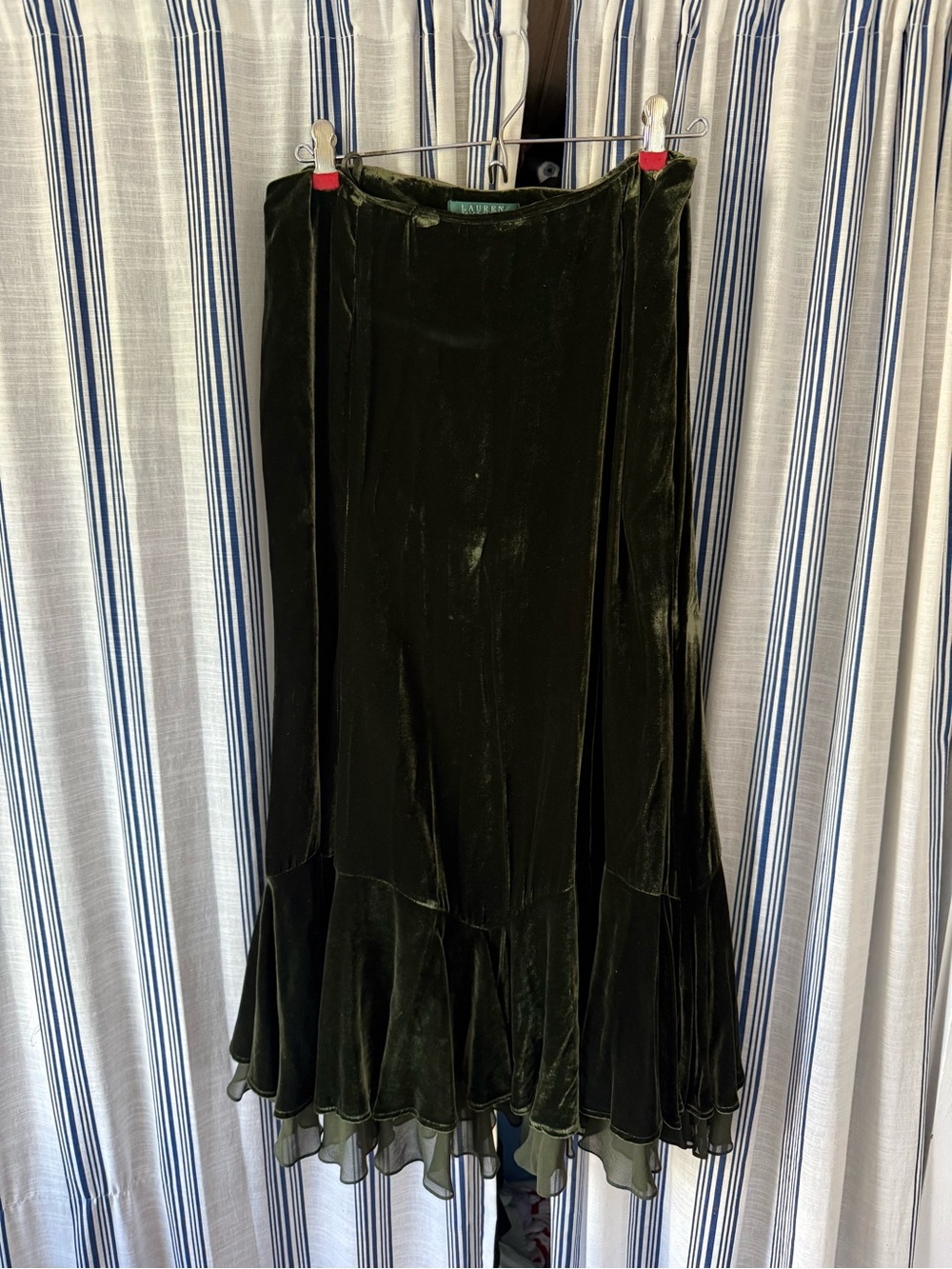 Vintage Ralph Lauren Deep Moss Green Velvet Ruffled Hem Skirt